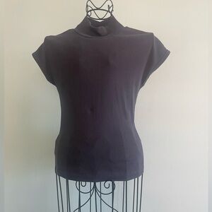 Zara stretch rib knit top with mock neck and short sleeve in grey